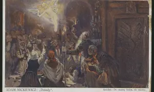 Konrad w "Dziadach" widzi aniołka niosącego duszę do mamy. Tłum ludzi patrzy z nadzieją.
