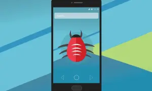 Grafika przedstawia smartfon z czerwonym robakiem na ekranie, symbolizującym problem. Może to być wskazówka, jak wyłączyć Avast, gdy powoduje kłopoty.