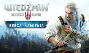 Geralt z Rivii, gotowy do walki, z mieczem w dłoni. Tytuł "Wiedźmin 3: Serce z Kamienia" widoczny na tle górskiego krajobrazu.