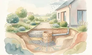 Sickergrube im Garten: Regenwasser fließt vom Haus durch Rohre in die Sickergrube, wo es im Erdreich versickert.