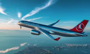 Samolot Turkish Airlines leci nad miastem. Zastanawiasz się, ile trwa lot z Katowic do Bodrum?