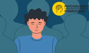 Chłopak z zamkniętymi oczami, otoczony przez sylwetki, doświadcza anhedonii. Obok symbol mózgu i napis "Psychologiczne Poniedziałki".