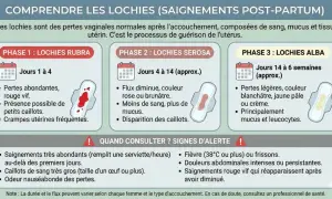 Infographie expliquant les lochies, pertes post-accouchement. Phase 1 : abondantes, rouge vif. Phase 2 : flux diminue, rose/brunâtre. Phase 3 : légères, blanchâtres. Signes d'alerte : saignements abondants, fièvre.