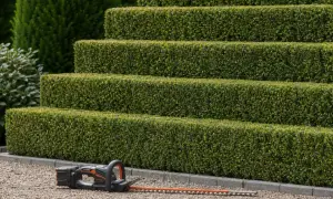 Akku-Heckenschere liegt bereit für den Einsatz an der gestuften Hecke.