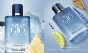 Flakon Acqua di Gio Profondo Giorgio Armani na tle morskich fal i z dodatkiem cytryny, lawendy i pieprzu.
