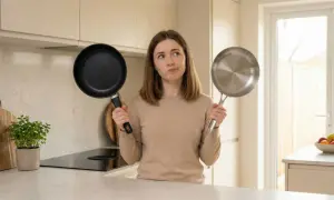 Une femme hésite entre une poêle antiadhésive et une poêle en inox. Quel ustensile représente un danger ?