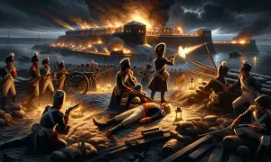 Soldater i strid vid en brinnande fästning. En fallen man i uniform ligger på marken, kanske en scen som påminner om hur dog Karl XII.