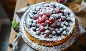 Gâteau de Savoie léger et aérien, généreusement garni de framboises et myrtilles fraîches, saupoudré de sucre glace.