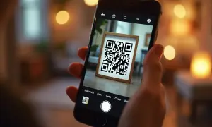 Jak zeskanować kod QR ze zdjęcia iPhone? Telefon z aparatem skierowanym na ramkę z kodem QR.