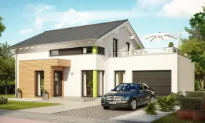 Modernes Haus mit Garage und Satteldach, davor ein dunkles Auto. Sonnenschirm auf der Terrasse.