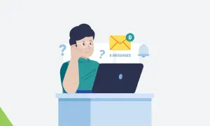 Persona sentada frente a una laptop, con signos de interrogación y un sobre con cero mensajes, sintiendo cómo alguien puede desaparecer de la vida de alguien.