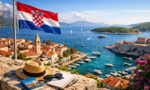 Chorwacka flaga powiewa nad urokliwym miasteczkiem z widokiem na turkusowe morze. Idealne miejsce na wakacje, by powiedzieć "na zdrowie po chorwacku".