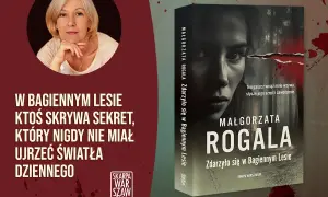 Małgorzata Rogala i jej książki: mroczny sekret w bagiennym lesie. Okładka kryminału z tajemniczą postacią.