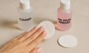 Dłoń z paznokciami obok buteleczek z napisem "CLEANER" i "NAIL POLISH REMOVER". Czym można zastąpić cleaner?