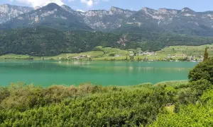 Zielony, spokojny Lago di Caldaro otoczony zielonymi wzgórzami i majestatycznymi górami.