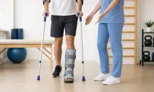 Paziente con stampelle e tutore al piede, assistito da un terapista, affronta la riabilitazione per ipotonia assiale.