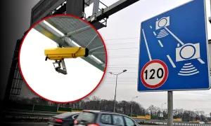 Znak odcinkowego pomiaru prędkości i żółta kamera. Zastanawiasz się, po jakim czasie przychodzi mandat z odcinkowego pomiaru prędkości?