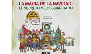 Ilustración de libro infantil sobre las leyendas de navidad, con San Nicolás, una familia, un árbol y un belén.