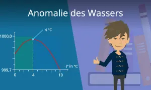 Diagramm zeigt die Anomalie des Wassers: bei 4°C hat Wasser die größte Dichte. Ein Junge steht vor Bücherregalen.