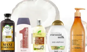 Vari shampoo al cocco, evidenziando i benefici idratanti e nutrienti per i capelli.