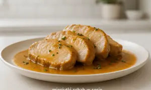 Soczyste plastry schabu w aromatycznym sosie, posypane szczypiorkiem. Idealne, gdy zastanawiasz się, jak długo dusić schab, by był miękki.