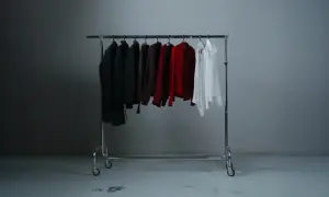 Wieszak z ubraniami w stonowanych kolorach: czarne marynarki, bordowe koszule i biała bluzka. Klasyczny, **styl basic** na co dzień.