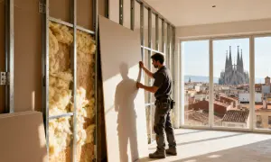 Obrero colocando pladur en una obra interior, con la Sagrada Familia de fondo.