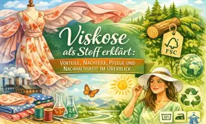 Viskose-Stoff: Ein Kleid auf einer Schneiderpuppe, Stoffballen, Garn und Laborflaschen. Ein Baumstamm mit FSC-Siegel und eine Frau mit Hut symbolisieren Nachhaltigkeit. Pflegehinweise wie "viskose waschen" bei 30°C sind zu sehen.
