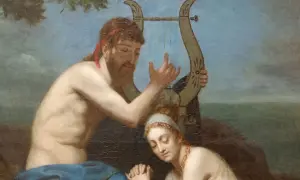 Orphée joue de la lyre pour sa femme, Eurydice, dont le regard est empreint de tristesse.