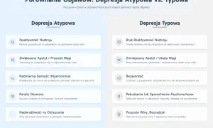 Porównanie objawów depresji: atypowa (reaktywny nastrój, zwiększony apetyt) vs. typowa (brak reaktywności, obniżony nastrój).