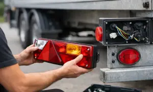 Person håller i en ny baklykta för att byta strålkastare på en släpvagn. Verktygslåda syns i förgrunden.