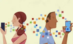 Zwei Personen, die auf ihre Handys schauen, sind durch bunte Quadrate verbunden, die die Vernetzung in den sozialen Medien symbolisieren.
