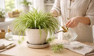 En person vattnar en ampellilja. Små plantor hänger ner som små kattungar.
