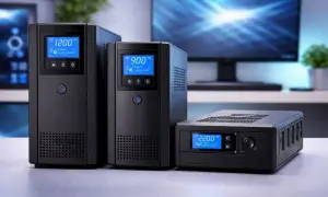 Tres unidades de SAI (Sistema de Alimentación Ininterrumpida) en negro, con pantallas digitales azules, listas para proteger equipos electrónicos.