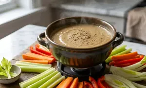 Un bol fumant de bagna cauda, garni de poivre noir, entouré de bâtonnets de légumes croquants : carottes, céleri et poivrons rouges.