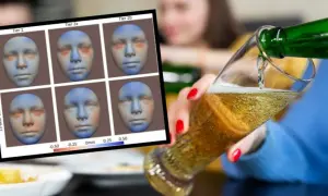 Grafika pokazuje wpływ nieświadomego picia alkoholu na początku ciąży na rozwój twarzy dziecka.