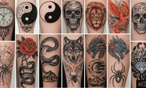 Kolekcja tatuaży: zegar, yin-yang, czaszka, lew, feniks, pająk, róża, wąż, wilk, smok, góry i diament. Każdy symbolizuje siłę i zwycięstwo.