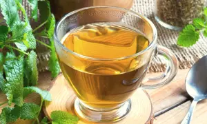 Aromatic melisa w szklance, idealna do parzenia. Zioła i łyżeczka obok.