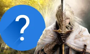 Fragezeichen vor einer Elden Ring Bewertung. Eine Figur mit Schwert und weißem Umhang.