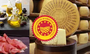 Olivenöl, Prosciutto und Parmesankäse mit DOP-Siegel. DOP Bedeutung: geschützte Ursprungsbezeichnung für Qualitätsprodukte.