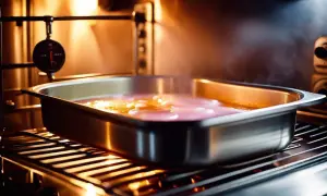 Un plat métallique rempli d'eau et de préparation rose est placé dans un four chaud, prêt pour comment faire un bain marie. Un thermomètre est suspendu à proximité.
