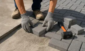Mani guantate posano autobloccanti grigi su letto di sabbia. Martello di gomma vicino. Valutazione costo posa autobloccanti.