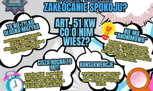 Plakat informuje o zakłócaniu spokoju, nie tylko głośną muzyką. Przypomina, że cisza nocna to mit, a konsekwencje mogą być surowe.