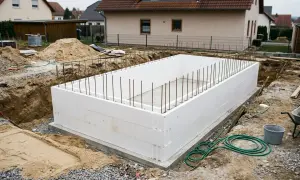 Baufortschritt: Ein rechteckiger Pool wird aufgestellt, die Wände aus weißen Styroporsteinen sind bereits fertig. Bewehrungsstäbe ragen aus dem Betonboden.