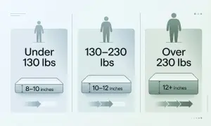 Mattress thickness guide: 8-10 inches for under 130 lbs, 10-12 inches for 130-230 lbs, and 12+ inches for over 230 lbs.