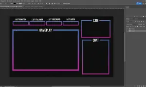 Ein Stream-Overlay-Design in Photoshop, bereit, um mit bunten Rahmen für Gameplay, Cam und Chat erstellt zu werden.