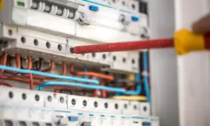 Ręka z czerwonym śrubokrętem pracuje przy panelu z wyłącznikami i kolorowymi przewodami. To instalacja niskoprądowa.