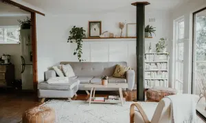 Ett ljust vardagsrum med grå soffa, träbord och bokhylla. Gröna växter och konst ger en känsla av skandinavisk minimalism.