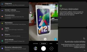 Ekran telefonu z ustawieniami "Cyfrowy dobrostan" i "Kontrola rodzicielska" oraz pudełkiem telefonu Samsung M21.