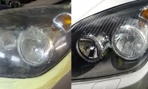 Przed i po: matowe lampy samochodowe odzyskują blask dzięki czyszczeniu lamp od środka.